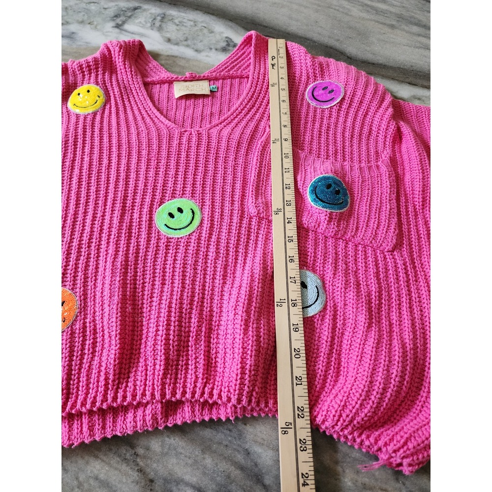 Judith March Hot Pink Smiley Face Sequin Patch Oversized Knit Sweater M/L - Picture 9 of 9